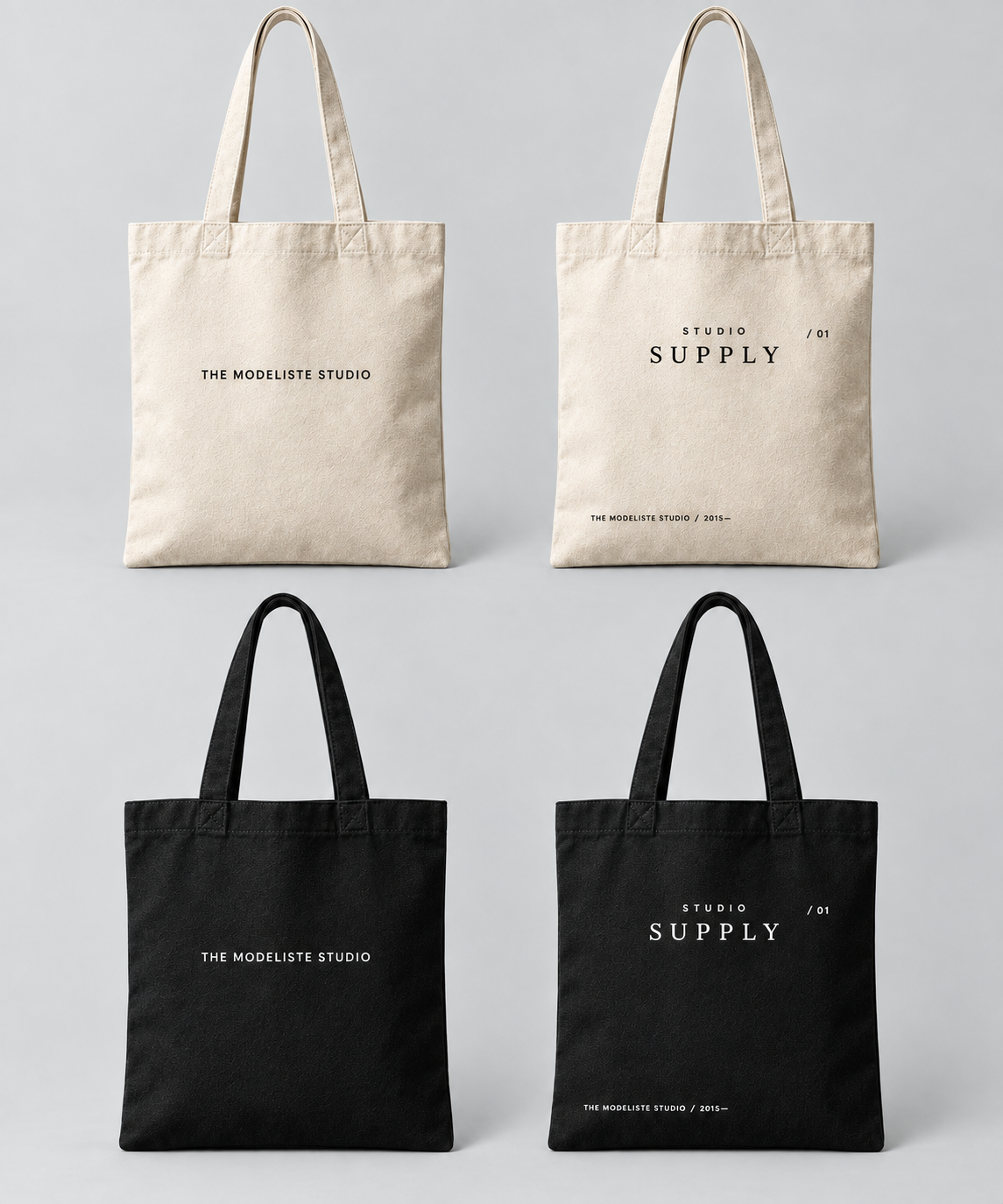 High-resolution front and reverse views of the STUDIO SUPPLY / 01 tote in natural and black