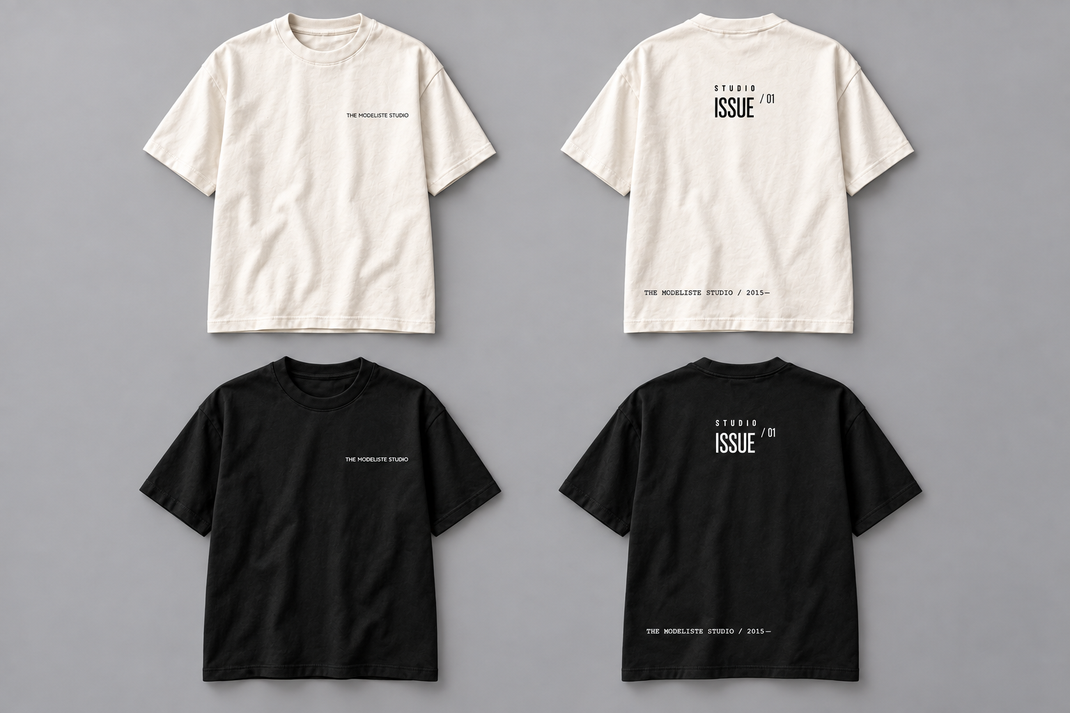 High-resolution front and back views of the STUDIO ISSUE / 01 T-shirt in off white and black