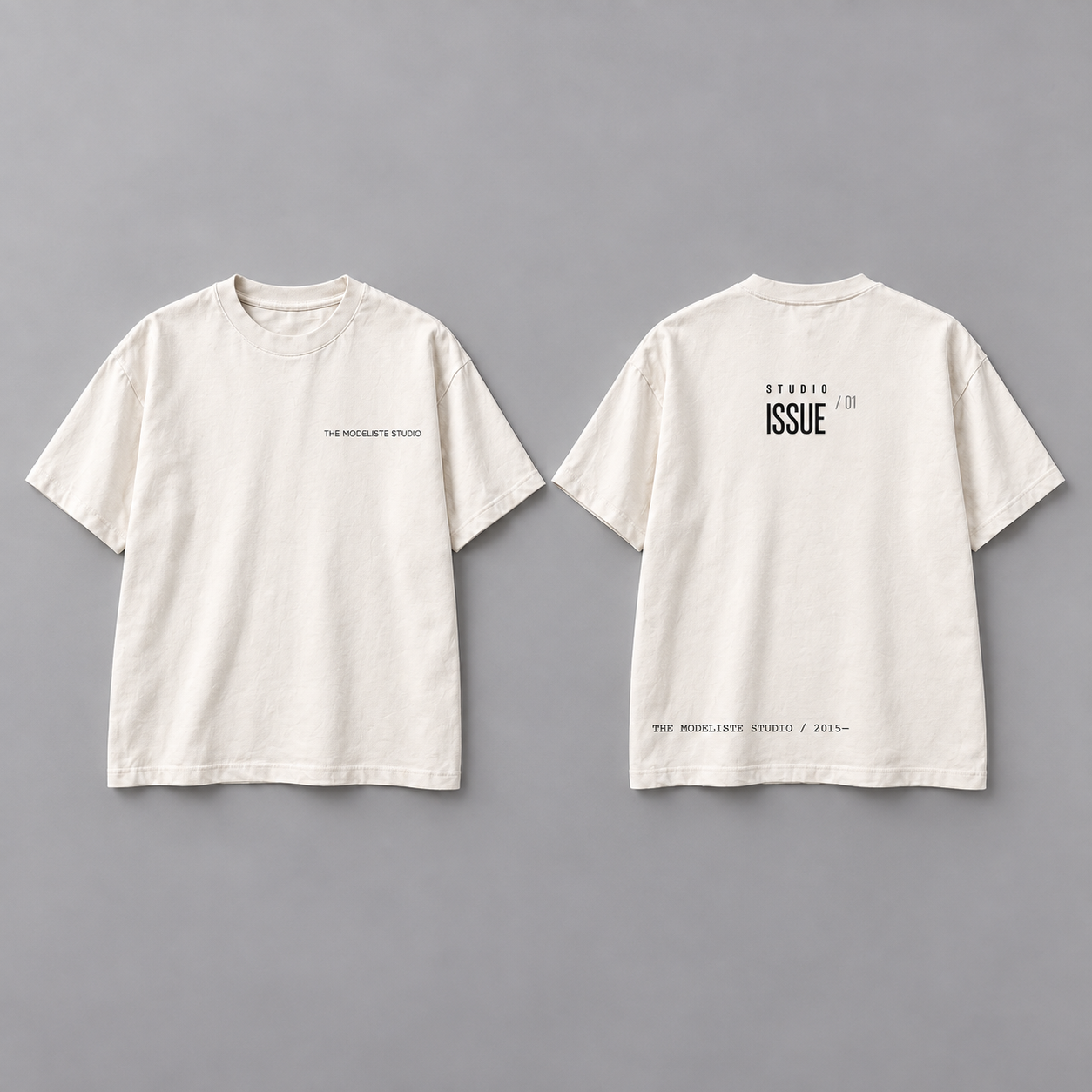 Front and back design visualization of the STUDIO ISSUE / 01 T-shirt